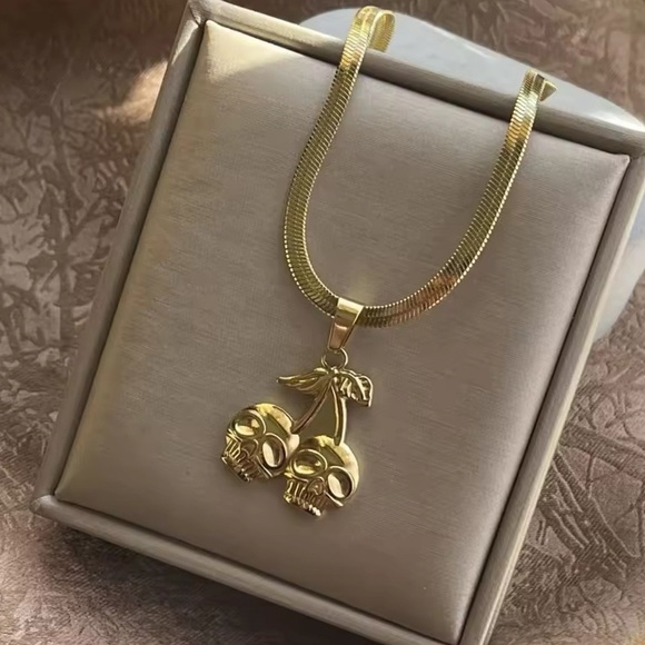 18K Gold Twin Cherry Skull Pendant On Herringbone Chain Necklace - Picture 1 of 5